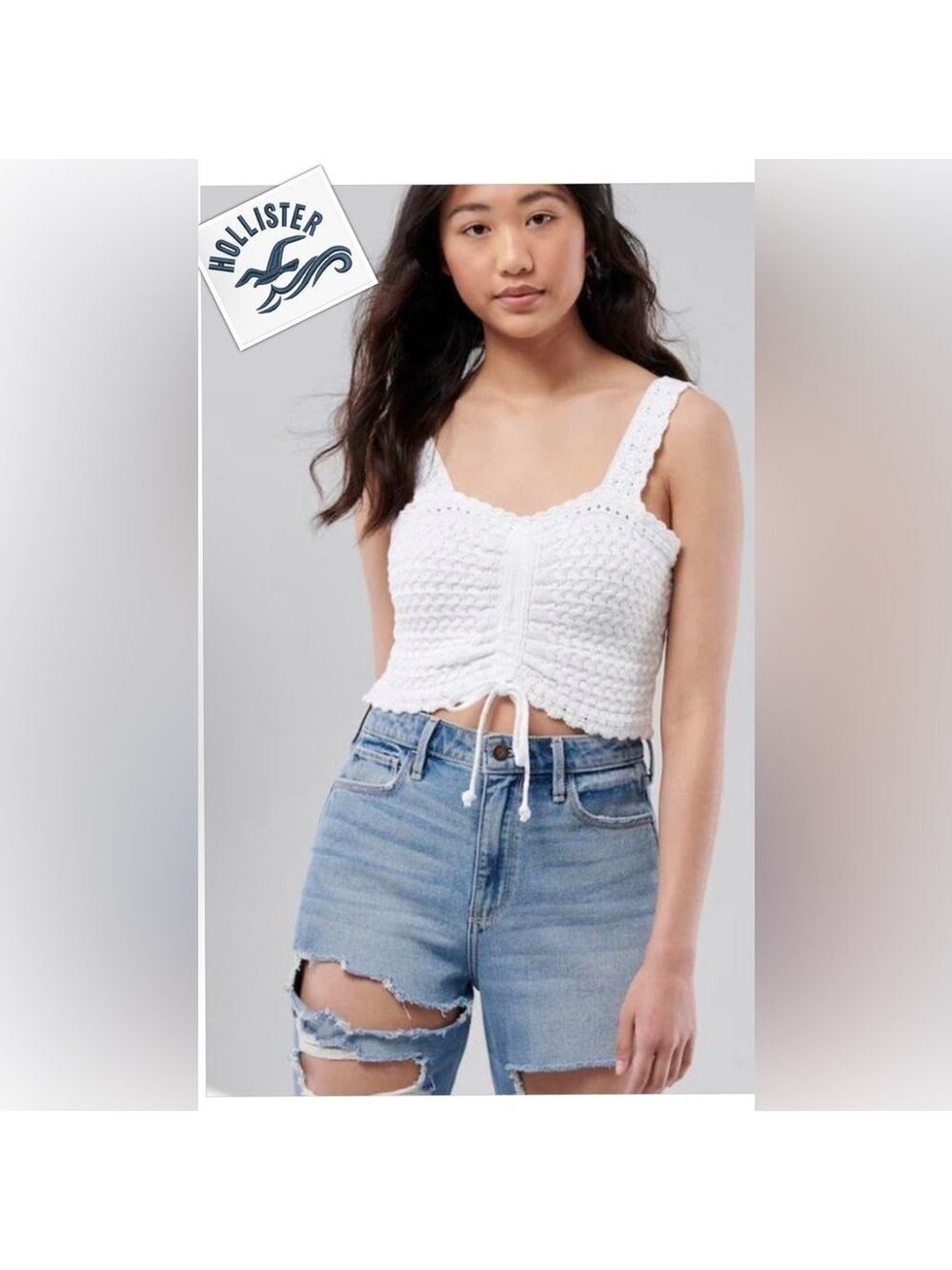 Y2K Hollister Crochet Crop Top- White 100% Soft Cotton Knit Sweetheart size Lg